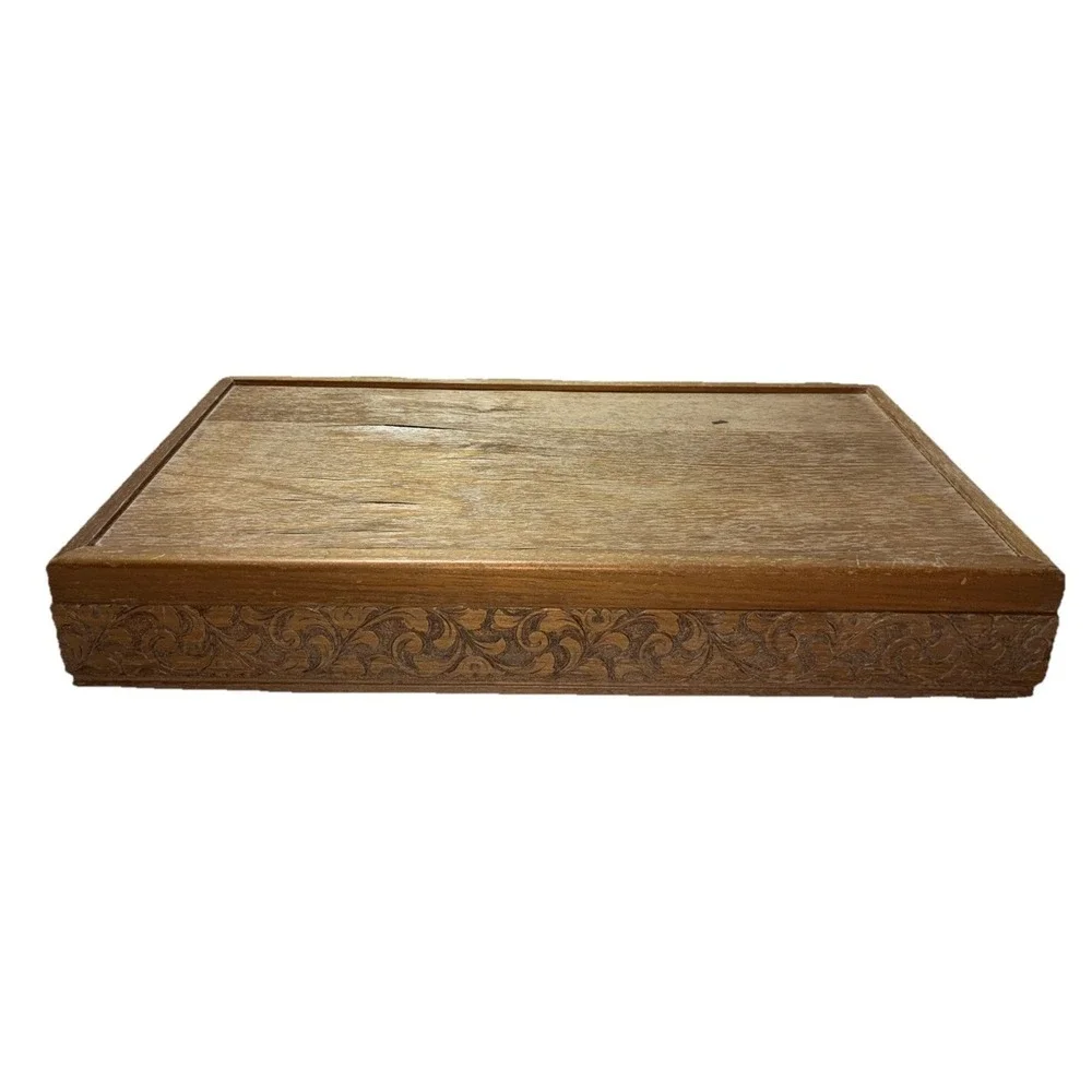 Jewelry Box Geometric Wood Carved Side Velvet Mustard Lining Vintage MCM *flaws